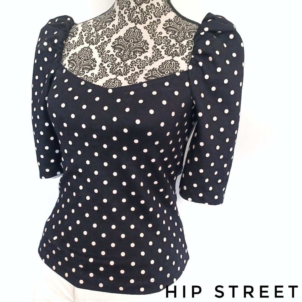 H & M Top Elbow length Puff Sleeve Sweetheart Neck Polka Dot Stretch Blouse XS